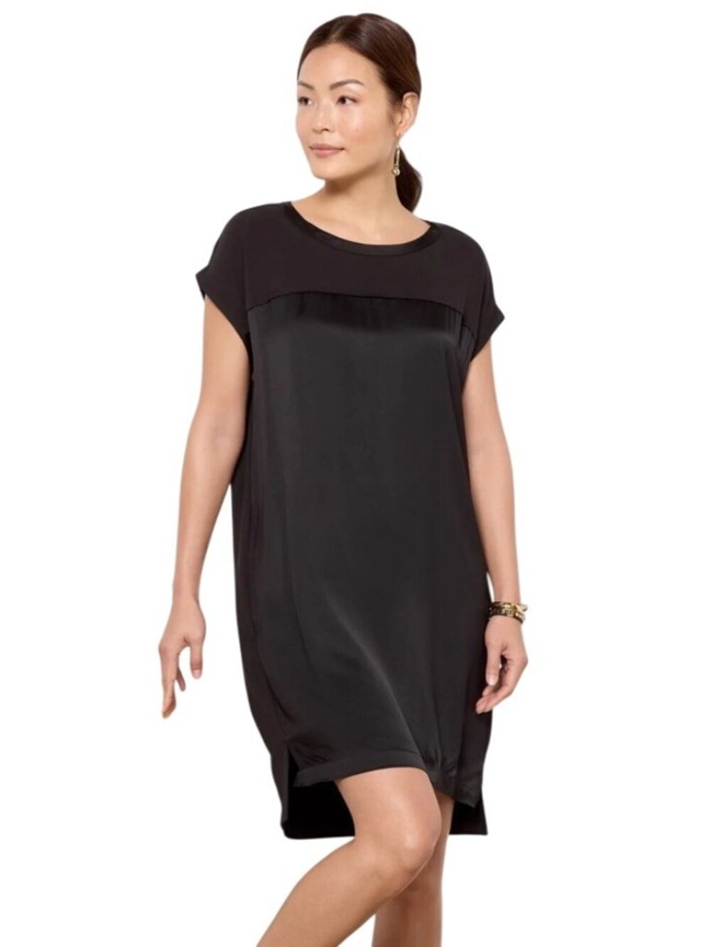 Evereve Amelia Shift Dress Womens XS Black Satin Short Sleeve Short